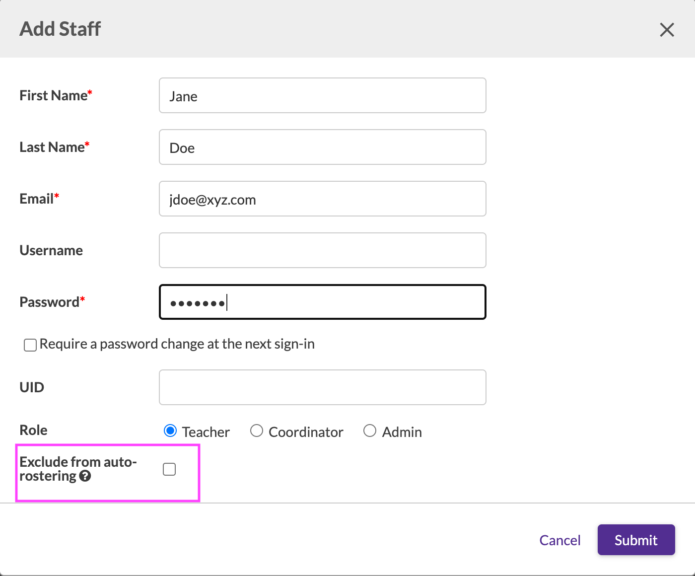 Exclude A Teacher From Auto rostering